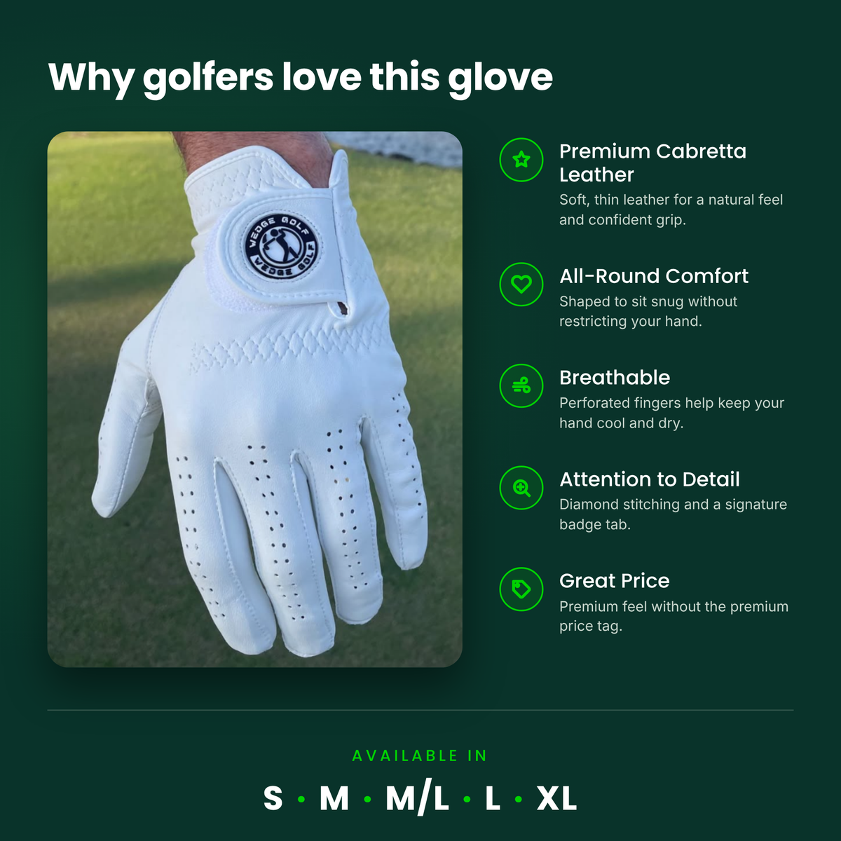 Why golfers love the Wedge Golf glove - features and sizes S, M, M/L, L, XL