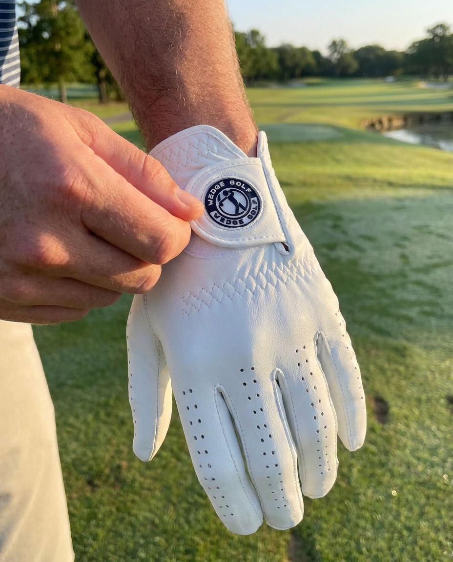 Golfer fastening the Wedge Golf glove on the course