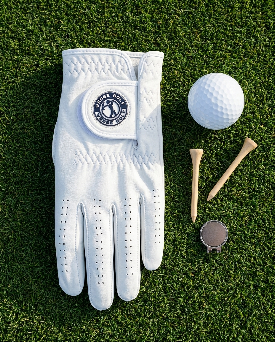 Wedge Golf glove laid flat on grass with ball, tees and ball marker