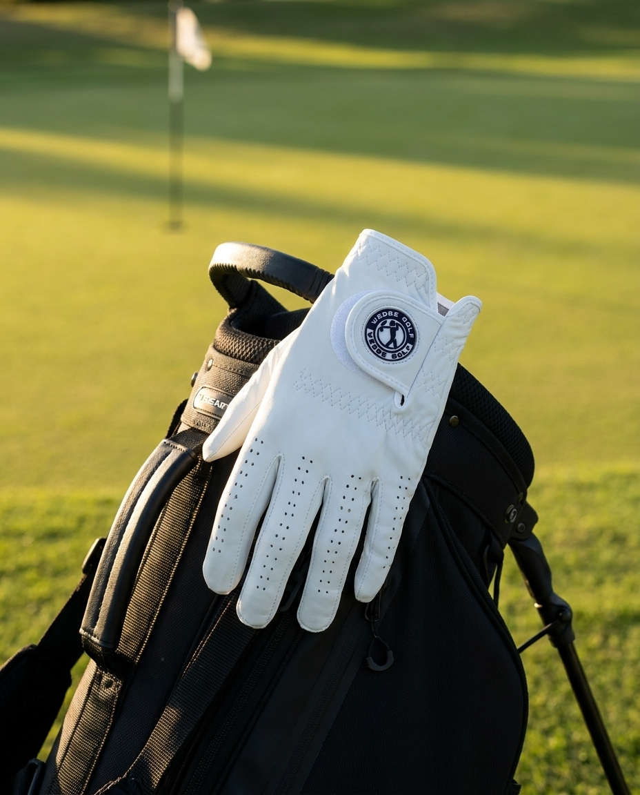 Wedge Golf glove resting on a golf bag at sunset